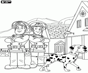 Sam, Tom and the dog, the firemen coloring page