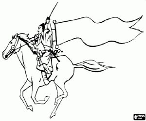 Samurai on horseback with a flag coloring page