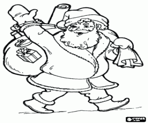 Santa Claus carries the gifts bag coloring page