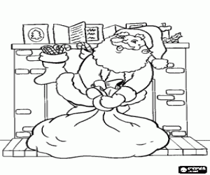 Santa Claus, chimney and gifts coloring page