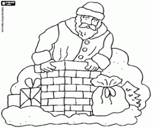 Santa Claus coming down through chimney coloring page