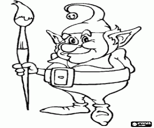A Santa Claus elf and a paintbrush coloring page
