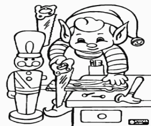 A Santa Claus elf with the saw coloring page