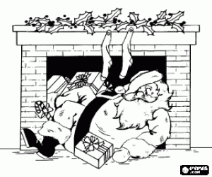 Santa Claus in front of fireplace coloring page