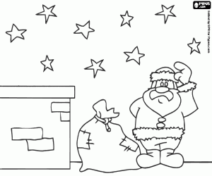 Santa Claus and gifts sack on a roof coloring page