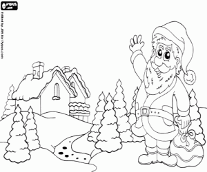 Santa Claus in a snowy landscape coloring page