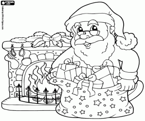 Santa Claus, presents and fireplace coloring page