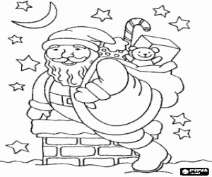 Santa enters through the chimney coloring page