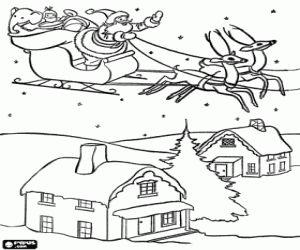 Santa sleigh over the houses coloring page
