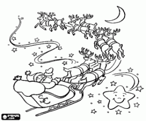 Santa and the sleigh with reindeer coloring page