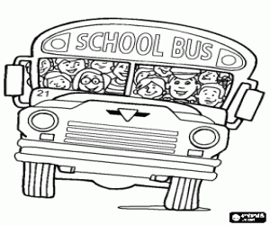 School bus with children, front view coloring page