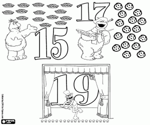 Sesame Street odd numbers 15, 17, 19 coloring page