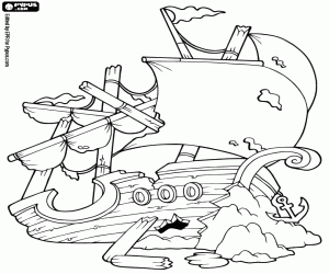 A shipwreck, a stranded ship coloring page