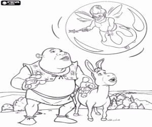 Shrek and Donkey with the fairy godmother coloring page