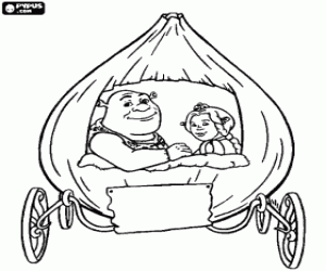 Shrek and Fiona in the carriage coloring page