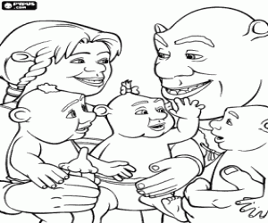 Shrek, Fiona with their children coloring page