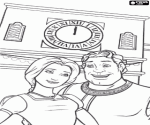 Shrek, Fiona and the clock tower coloring page