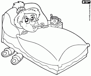 A sick person from flu in bed coloring page