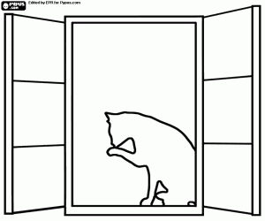 Silhouette of a cat in the window coloring page