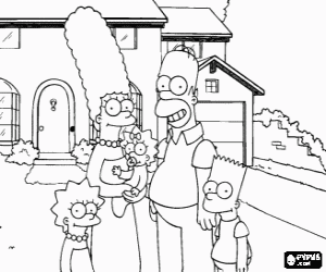The Simpsons in front their home coloring page