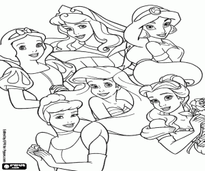 Six famous princesses coloring page