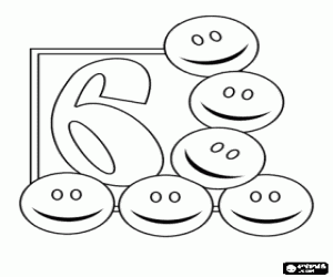 Six smiling circles and number 6 coloring page