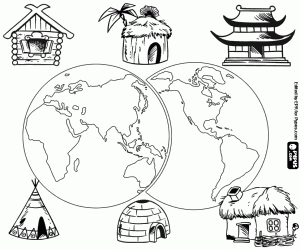Six typical houses in the world coloring page