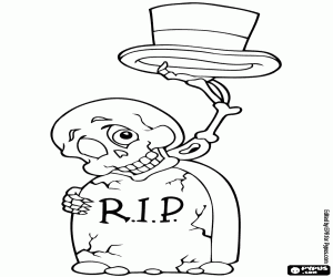 Skeleton and Tomb on Halloween coloring page