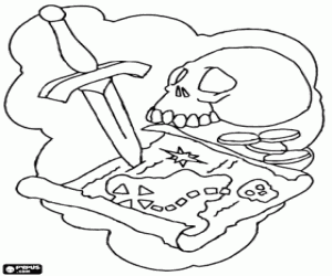 Skull, dagger and a pirate map coloring page