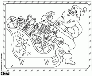 Sled, gifts and happy Santa Claus coloring page