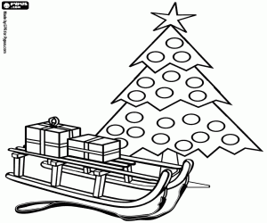 Sleigh, gifts and Christmas tree coloring page