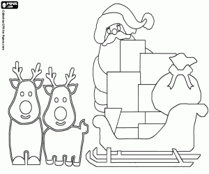 Sleigh with gifts, Santa, reindeers coloring page