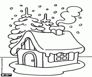 Small house in the snow coloring page