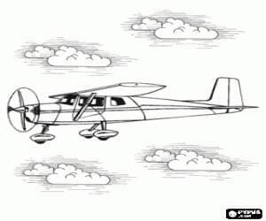 Small plane flying through the clouds coloring page
