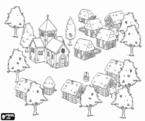 Small town with houses and church coloring page