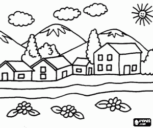 Small town near the mountains coloring page