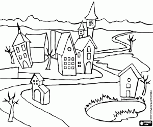 Small village with a winding road coloring page