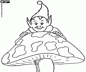 A smiling elf and a mushroom coloring page