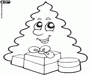 Smiling fir with Christmas gifts coloring page