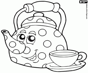 A smiling teapot with tea cup coloring page
