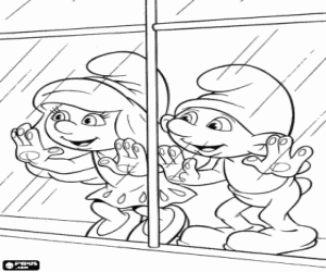 Smurfette and Clumsy near the window coloring page
