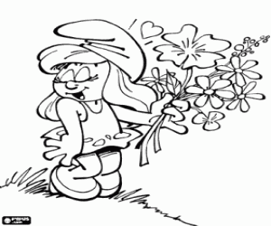 Smurfette with a bouquet of flowers coloring page