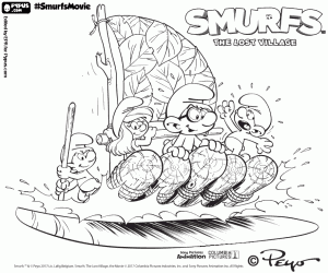 The Smurfs on the raft coloring page