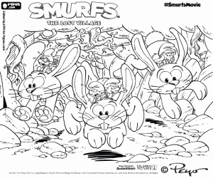 The Smurfs riding on rabbits coloring page