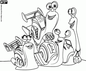 The snail Turbo with three friends coloring page