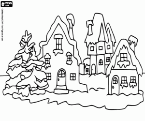 A snow-covered village at Christmas coloring page