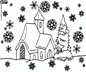 Snowfall on a church at Christmas coloring page