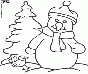 A snowman and a bird coloring page