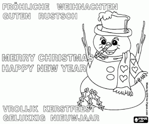 Snowman card in DE, EN, NL coloring page