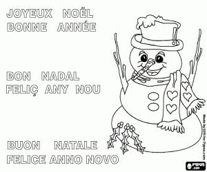 Snowman card in FR, IT and CAT coloring page